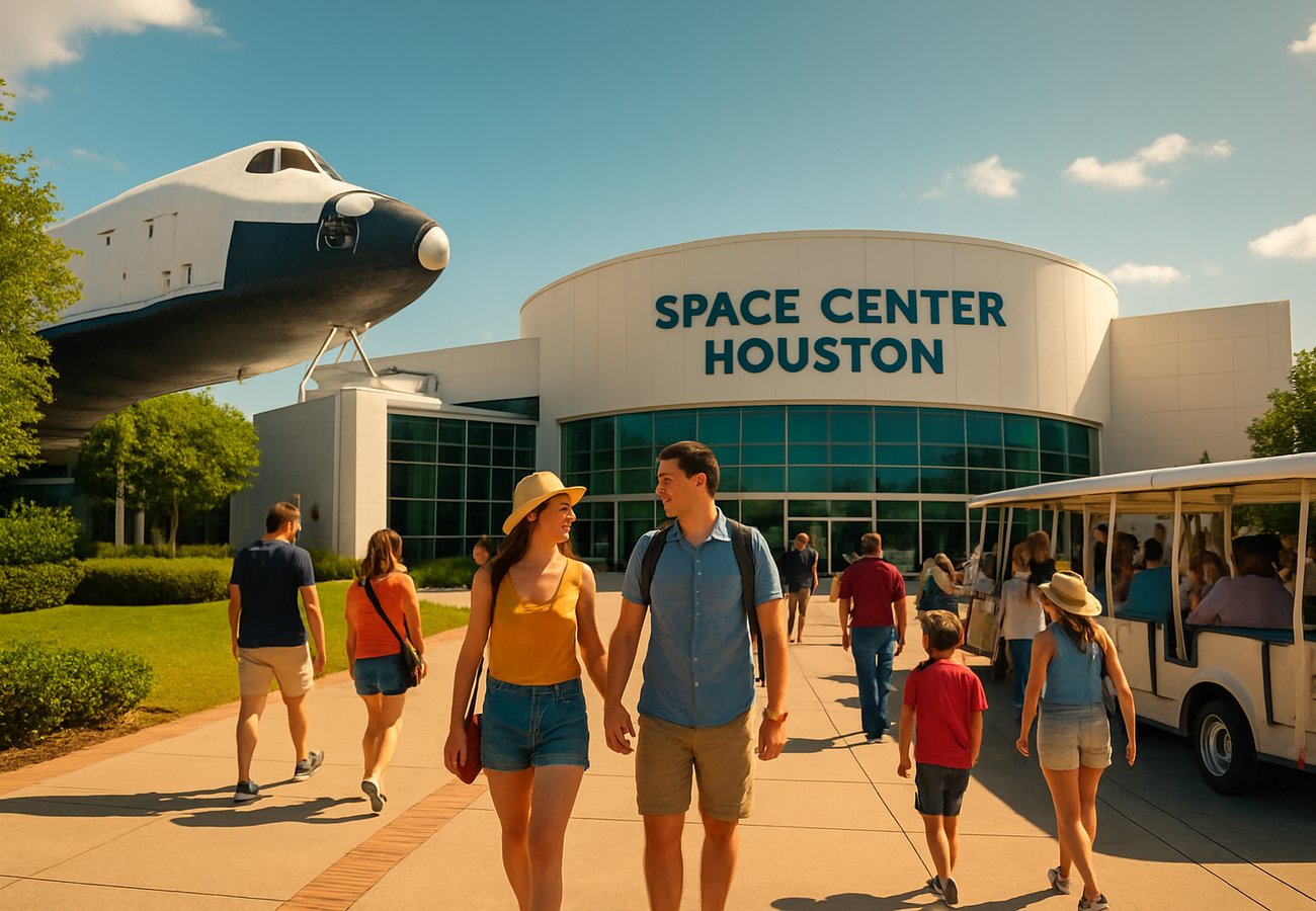 Interior view of Space Center Houston with Saturn V rocket display and visitor tram