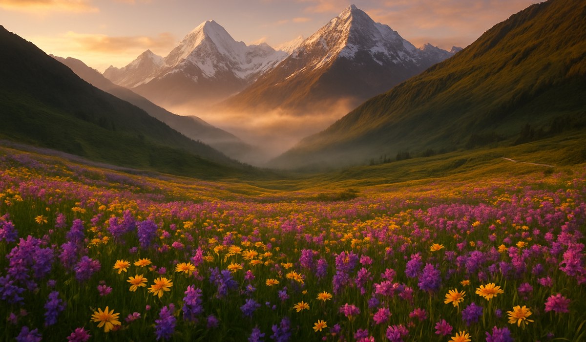 Alpine meadow with wildflowers at Uttarakhand Valley of Flowers National Park, June 2026