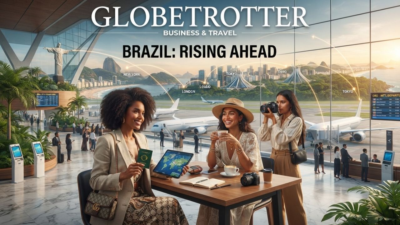 A scenic aerial view of Rio de Janeiro coastline with Sugarloaf Mountain and commercial flights flying overhead
