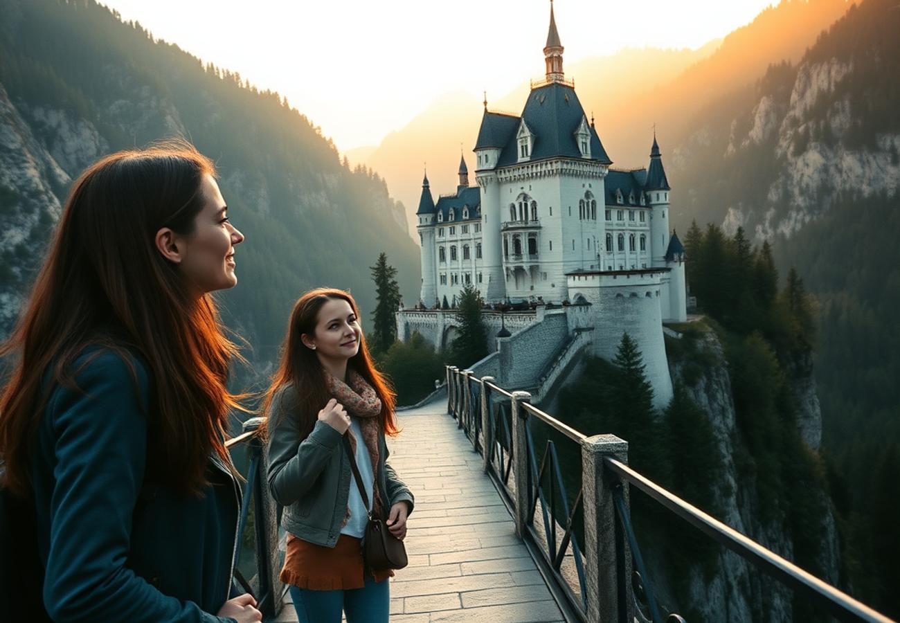 Neuschwanstein Castle in Bavaria, Germany, surrounded by Alpine forests and mountain peaks