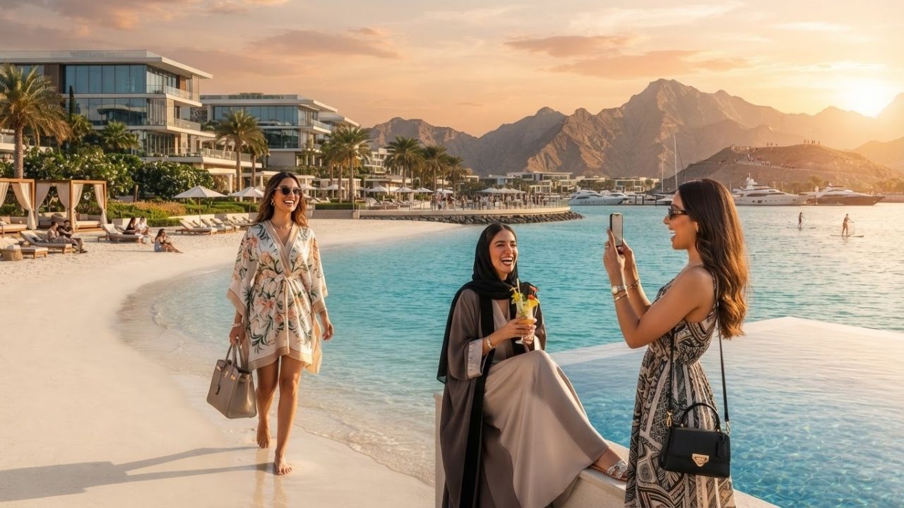 A scenic beach resort in Ras Al Khaimah with the Hajar Mountains in the background