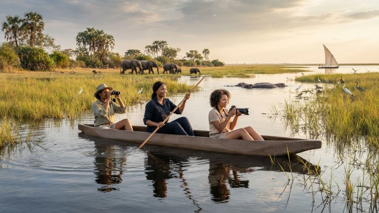 A traditional wooden canoe gliding through calm, shallow waters surrounded by green reeds