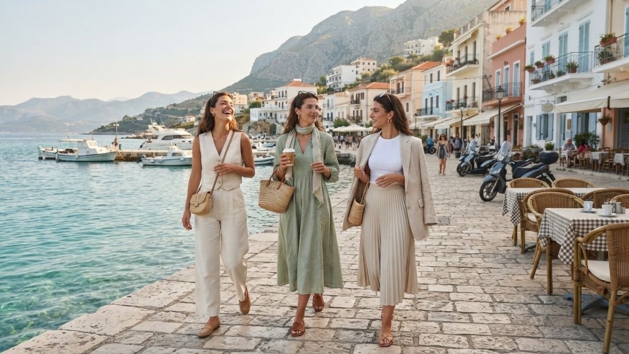 Coastal promenade in Sarandë along the Albanian Riviera overlooking turquoise Ionian Sea waters.