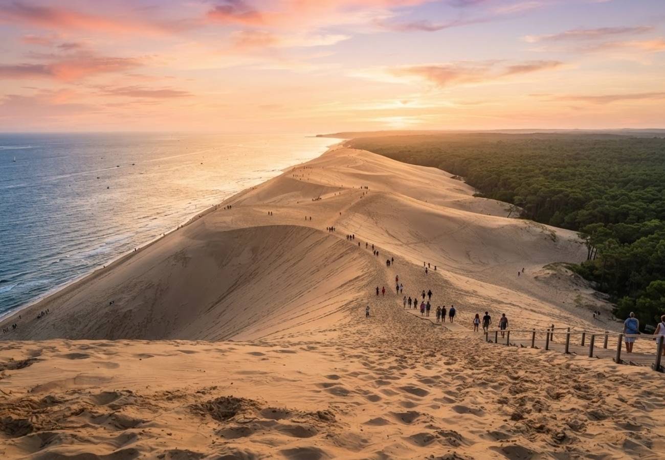 Panoramic view of the Dune of Pilat overlooking Arcachon Bay and the Atlantic Ocean