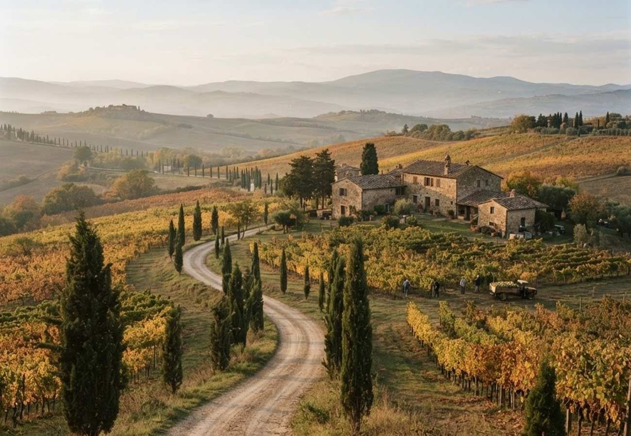 Scenic autumn landscape in Europe showing vineyards and historic architecture