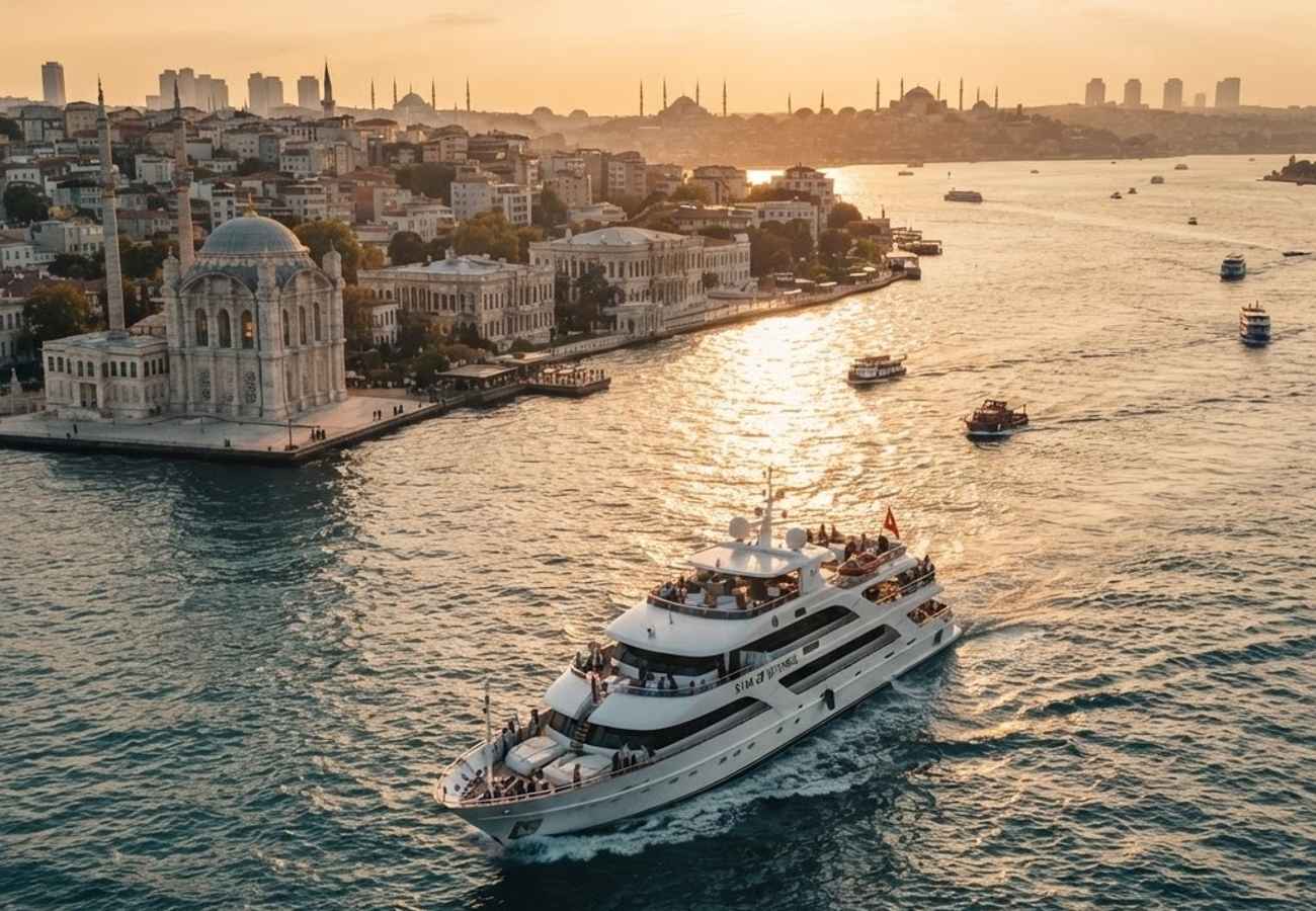 Panoramic view of Bosphorus cruise ships docked at Istanbul piers