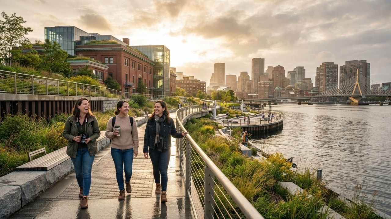 A scenic wide-angle view of the historic Boston Children's Museum building along Fort Point Channel, with modern flood barriers and green park spaces designed to mitigate rising sea levels.