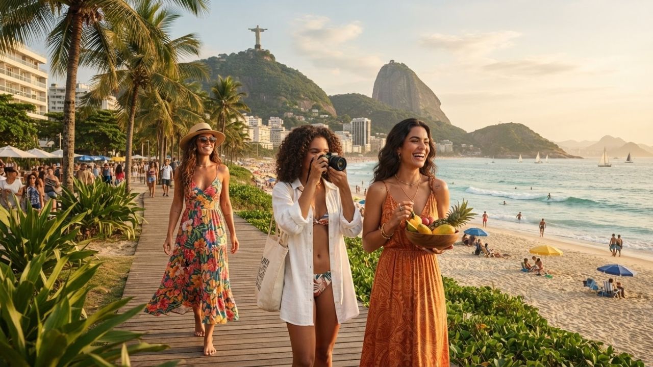 A scenic beach front promenade along a coastline with mountains rising in the background under sunset skies.