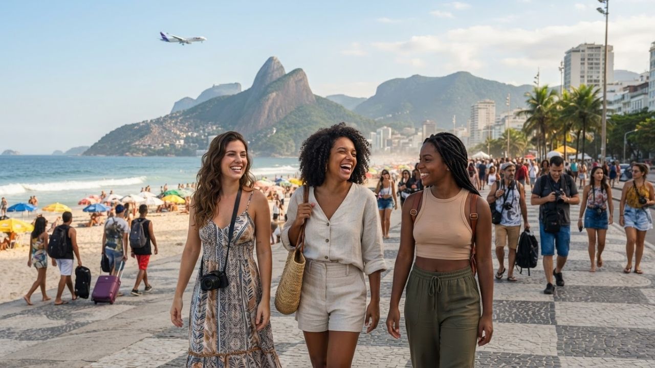 Scenic view of Christ the Redeemer overlooking Rio de Janeiro's coastline under bright skies