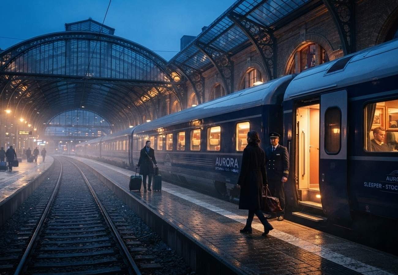Modern sleeper train traveling through the European countryside at night