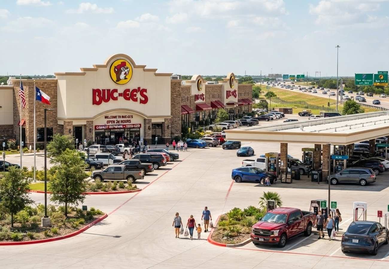 Aerial view of a massive Buc-ee's travel centre with numerous fuel pumps and large retail space