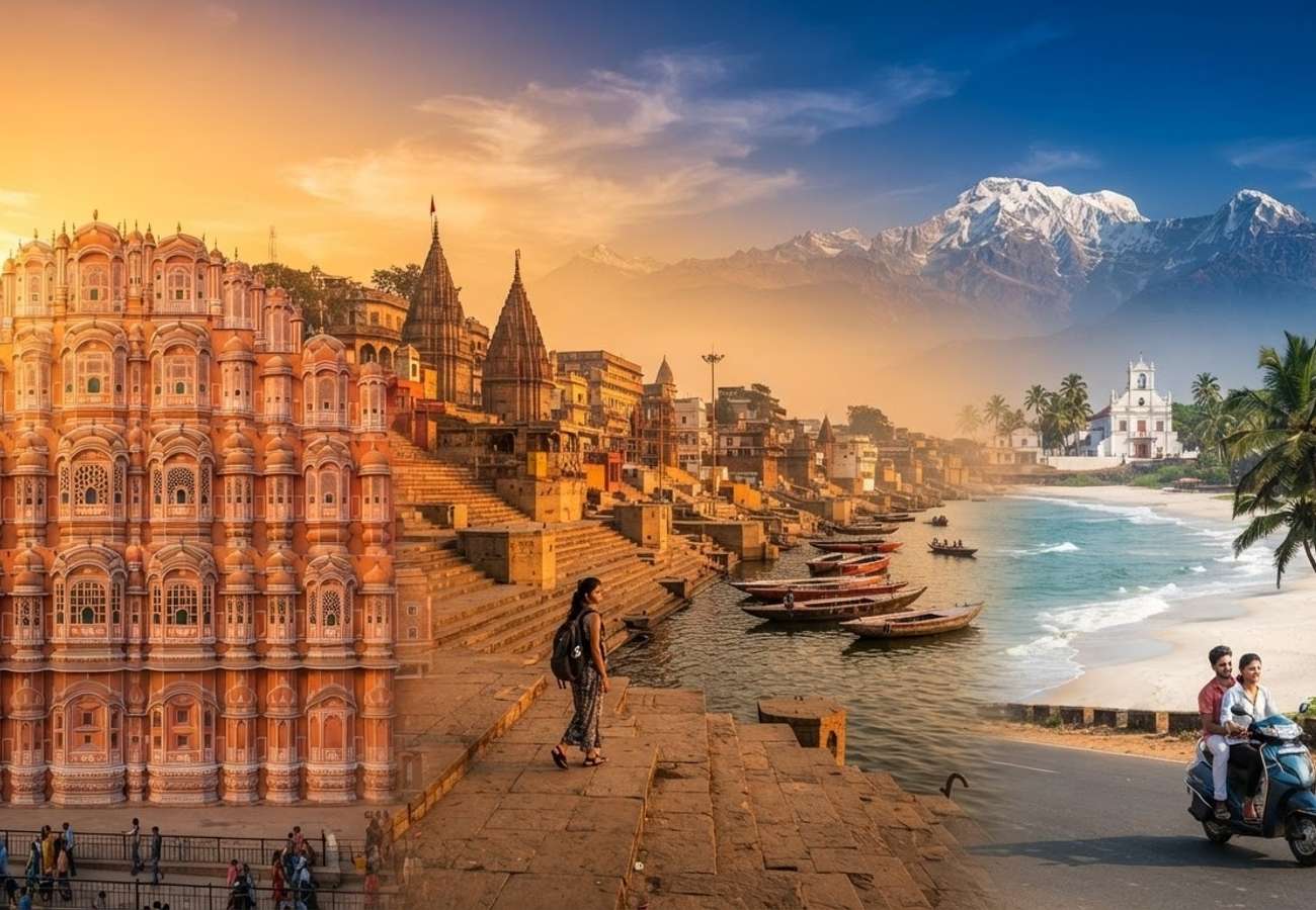 Aerial view of historic Indian city architecture and natural landscapes