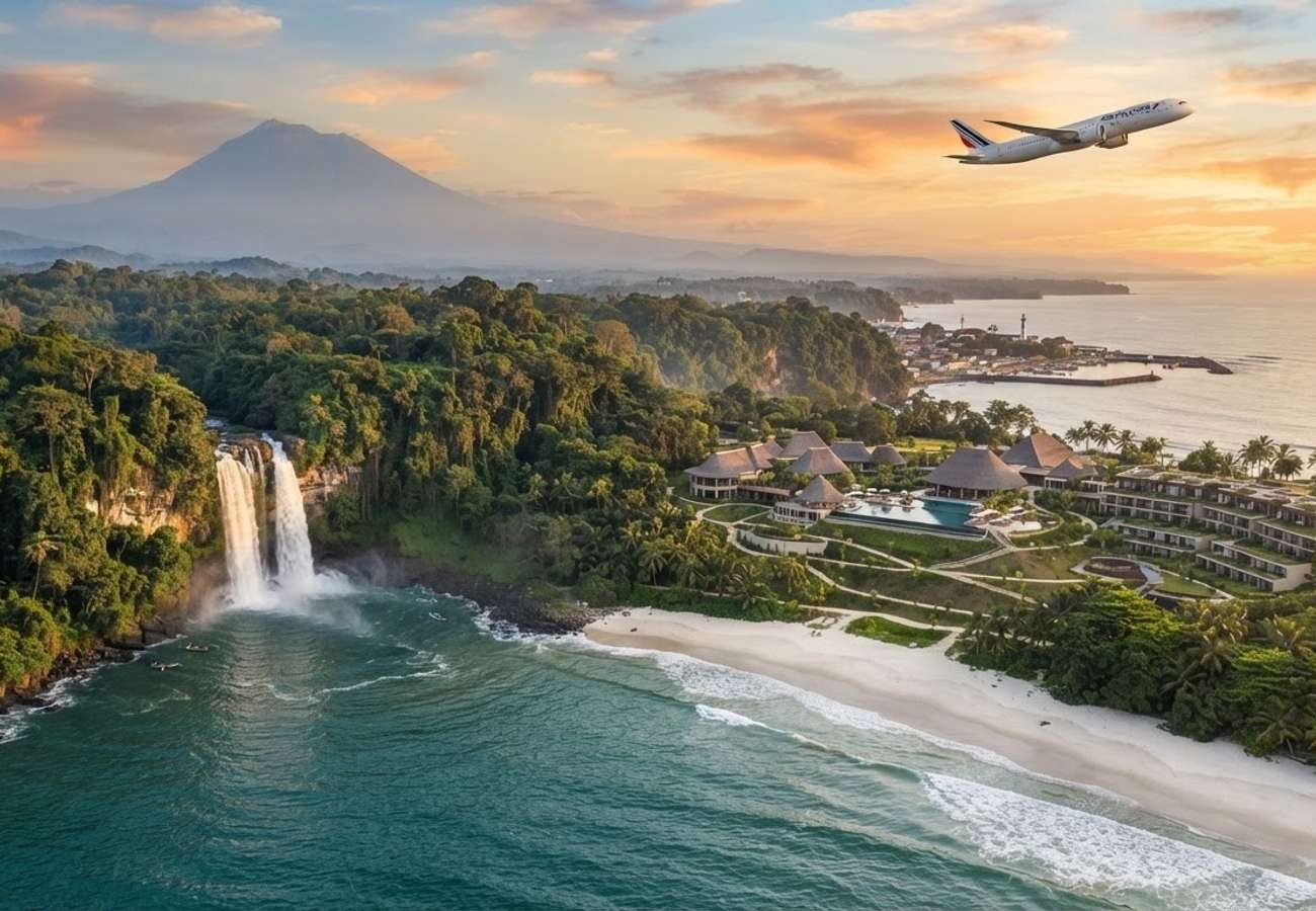 Aerial view of Cameroon coastal landscape and urban development