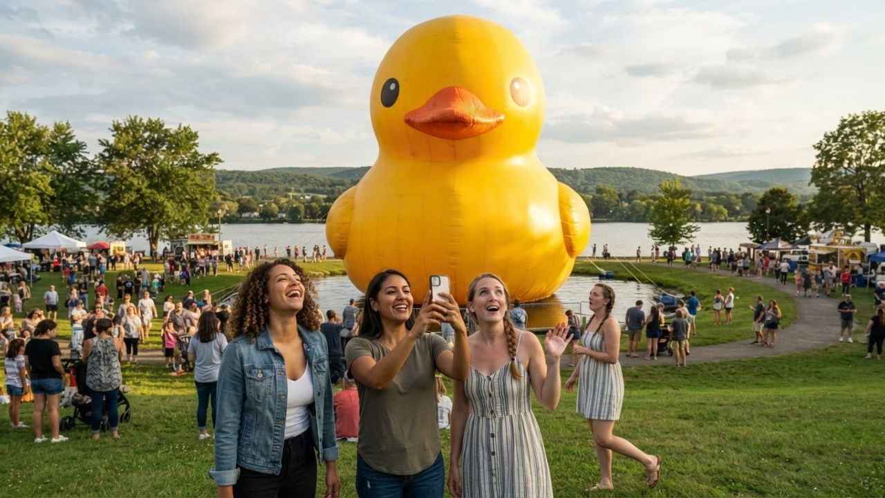 The giant yellow rubber duck floating near a waterfront park in upstate New York.