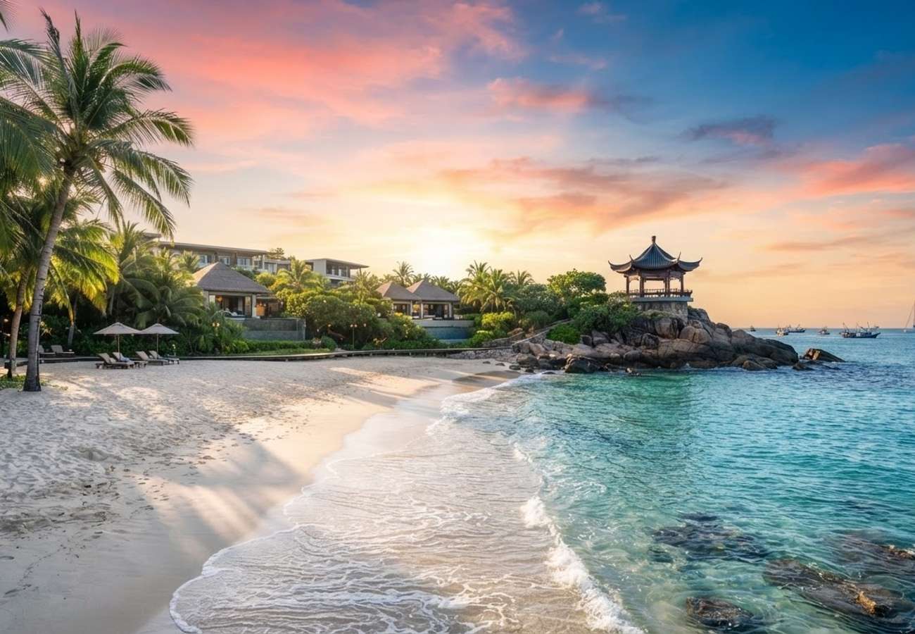 Aerial view of Hainan tropical coastline and luxury resorts