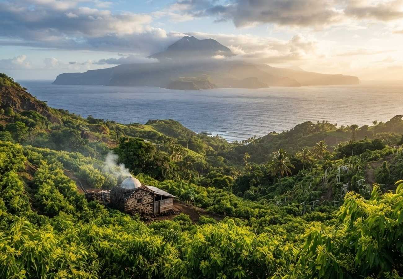 Aerial view of the volcanic landscapes and aromatic plantations of the Comoros archipelago
