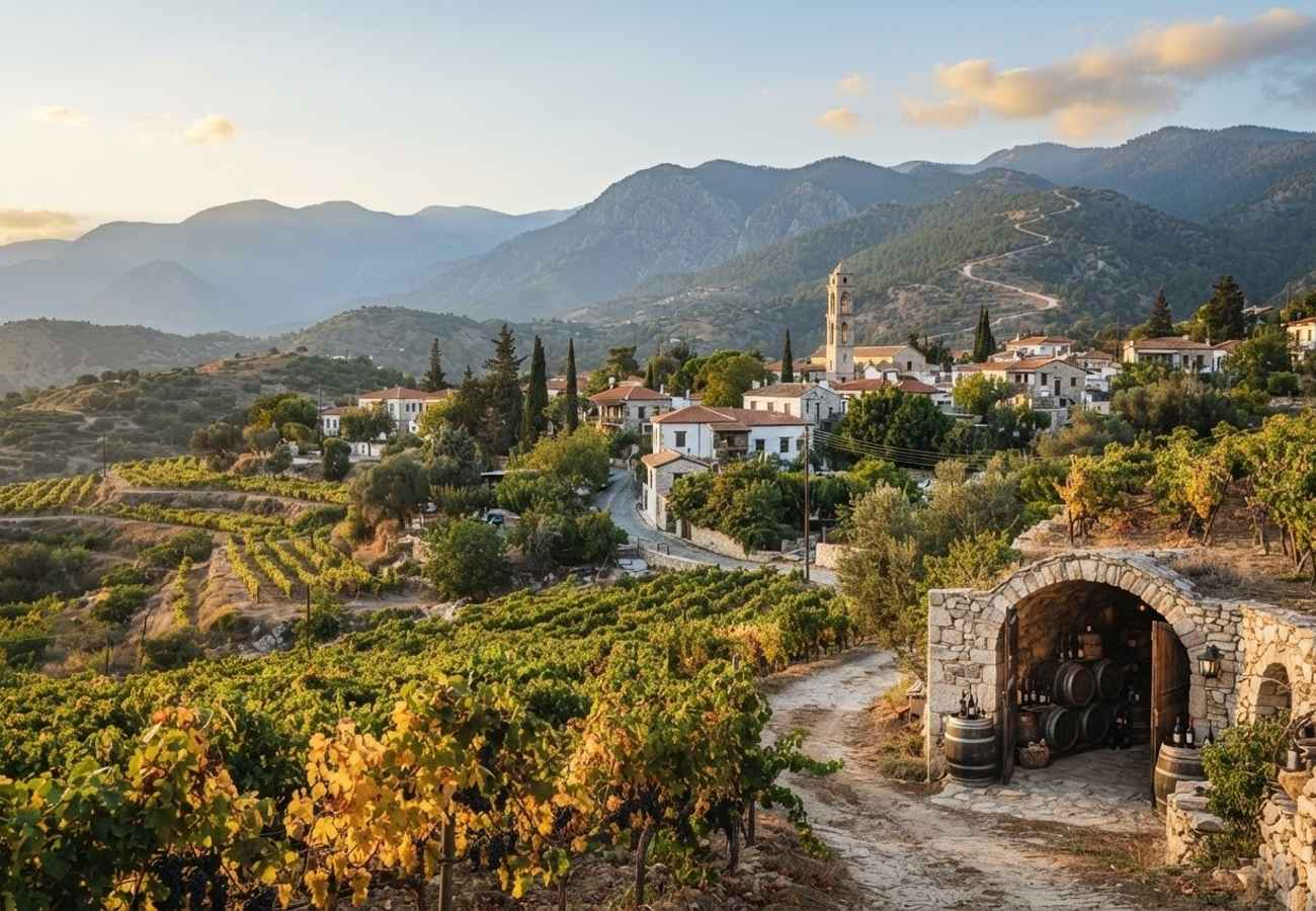 Aerial view of Troodos Mountains and traditional Cypriot village architecture