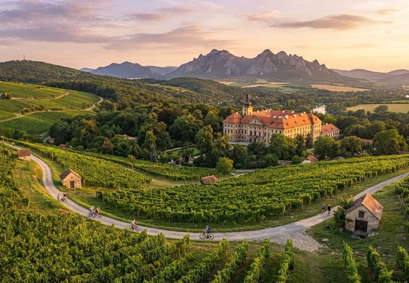 Scenic landscape of South Moravia vineyards and Liberec mountains