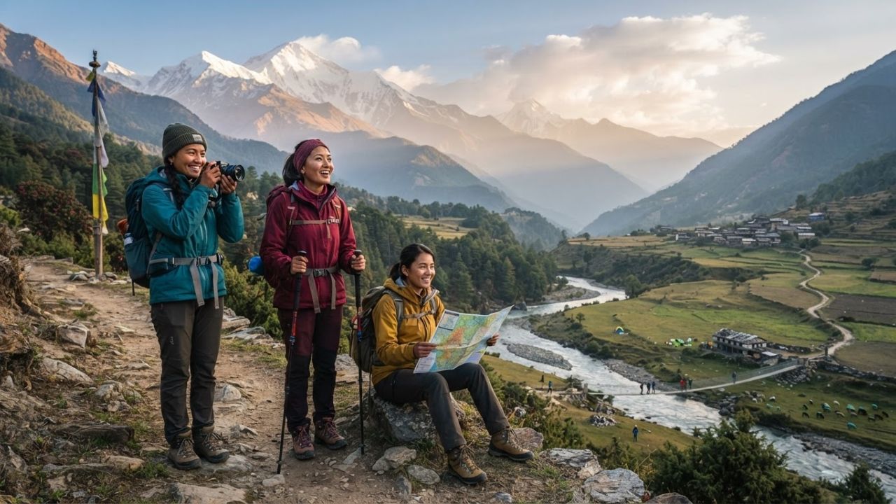 Trekkers walking along a narrow mountain trail overlooking a deep green valley with rocky peaks in the background.