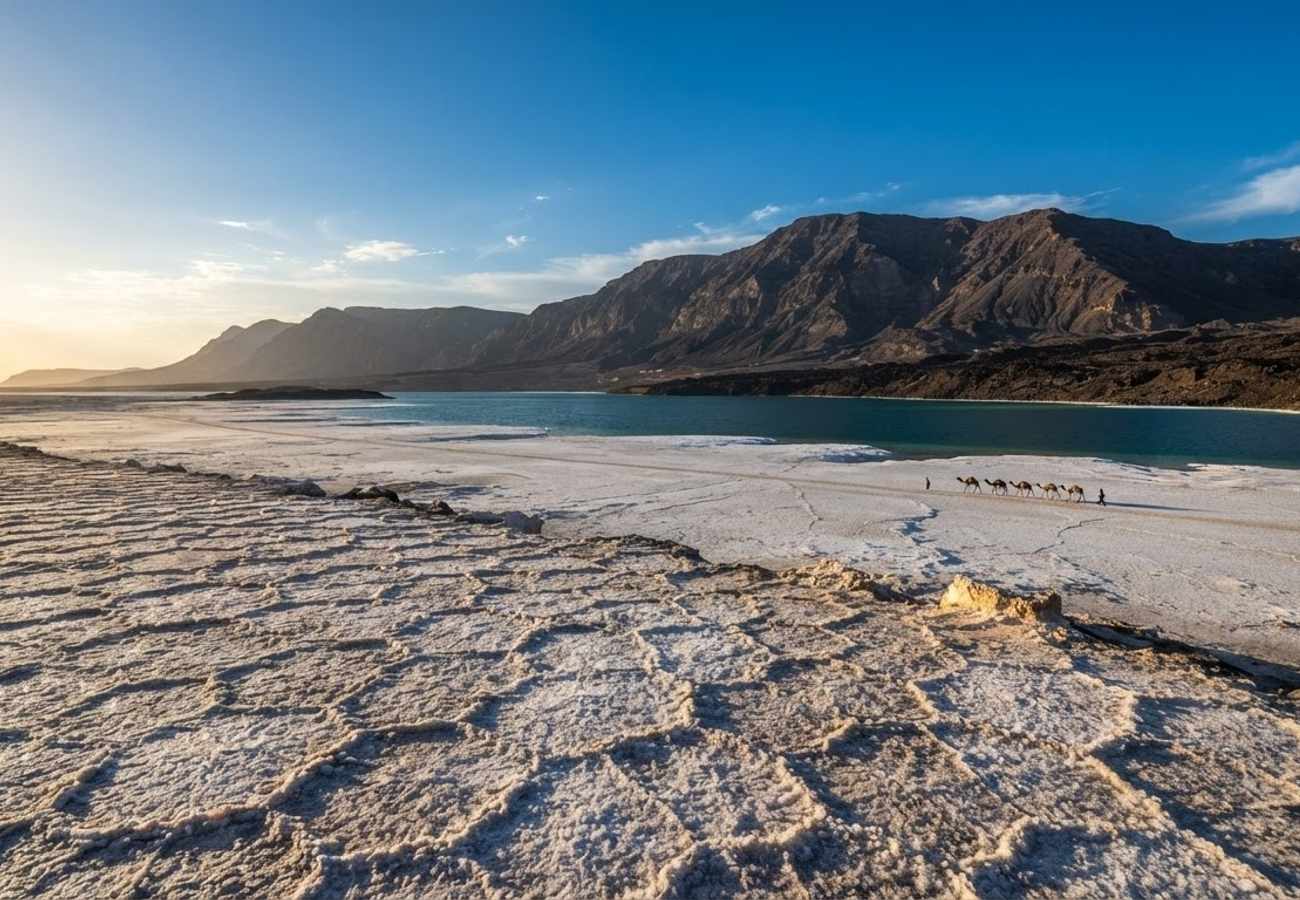 Aerial view of the salt formations at Lake Assal in Djibouti