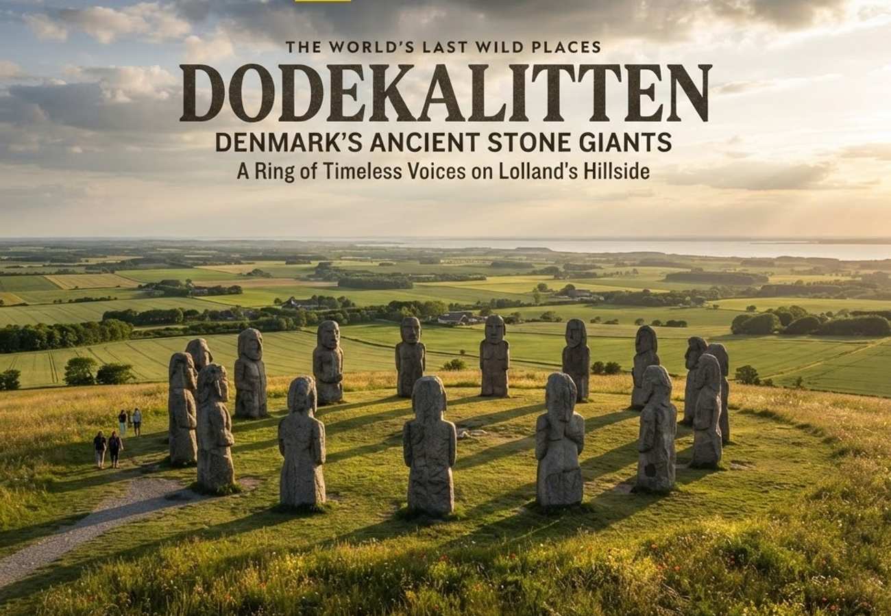 Monumental stone sculptures of Dodekalitten arranged in a circle in the Lolland landscape