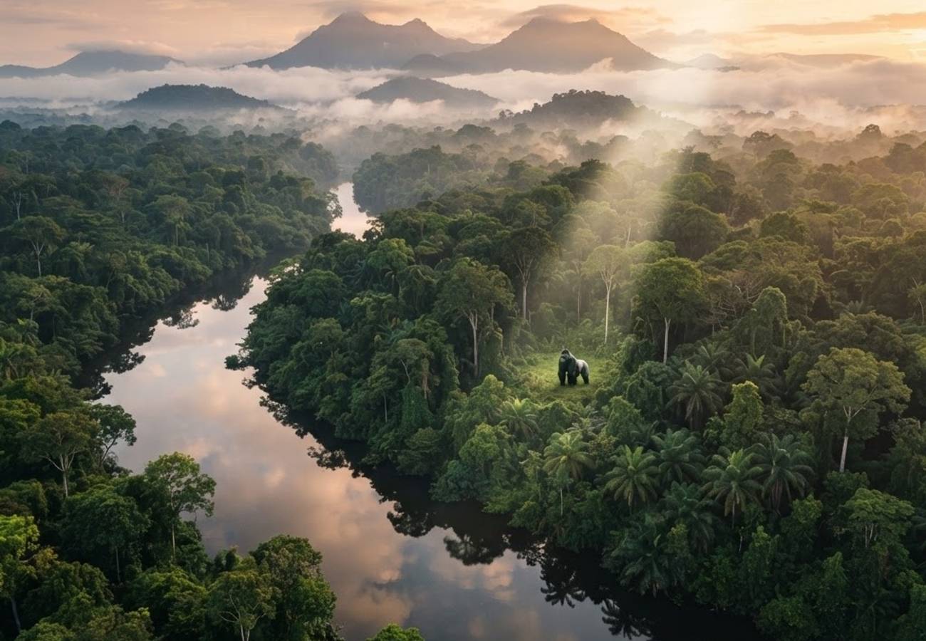 Aerial view of the Congo Basin rainforest and Congo River