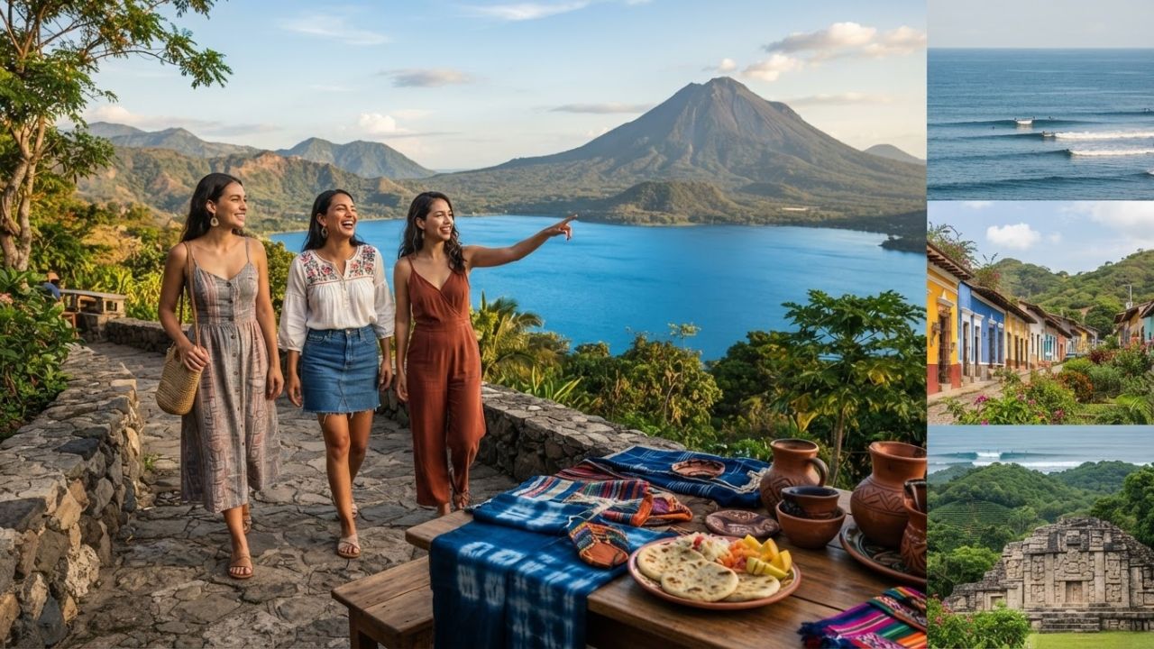 A scenic volcanic crater lake surrounded by green mountain peaks and clear blue skies in El Salvador