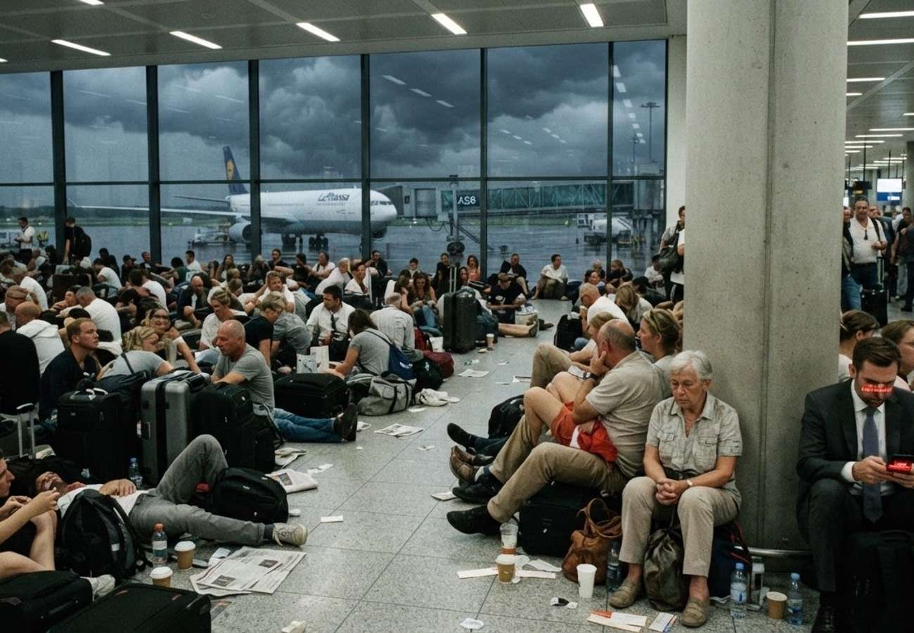 Crowded European airport terminal during summer flight delays