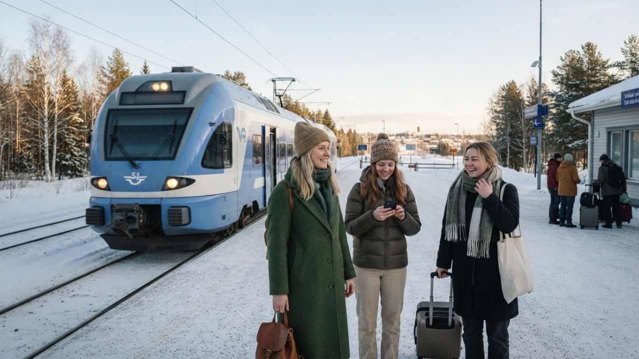 A passenger train waiting at a station in northern Europe under a clear sky.