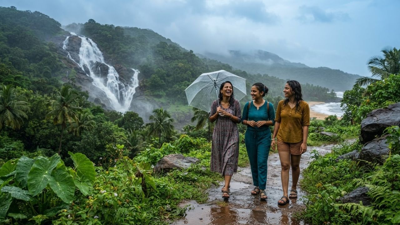 A lush green valley in Goa during the monsoon season, featuring a roaring waterfall surrounded by dense tropical forests and misty hills.