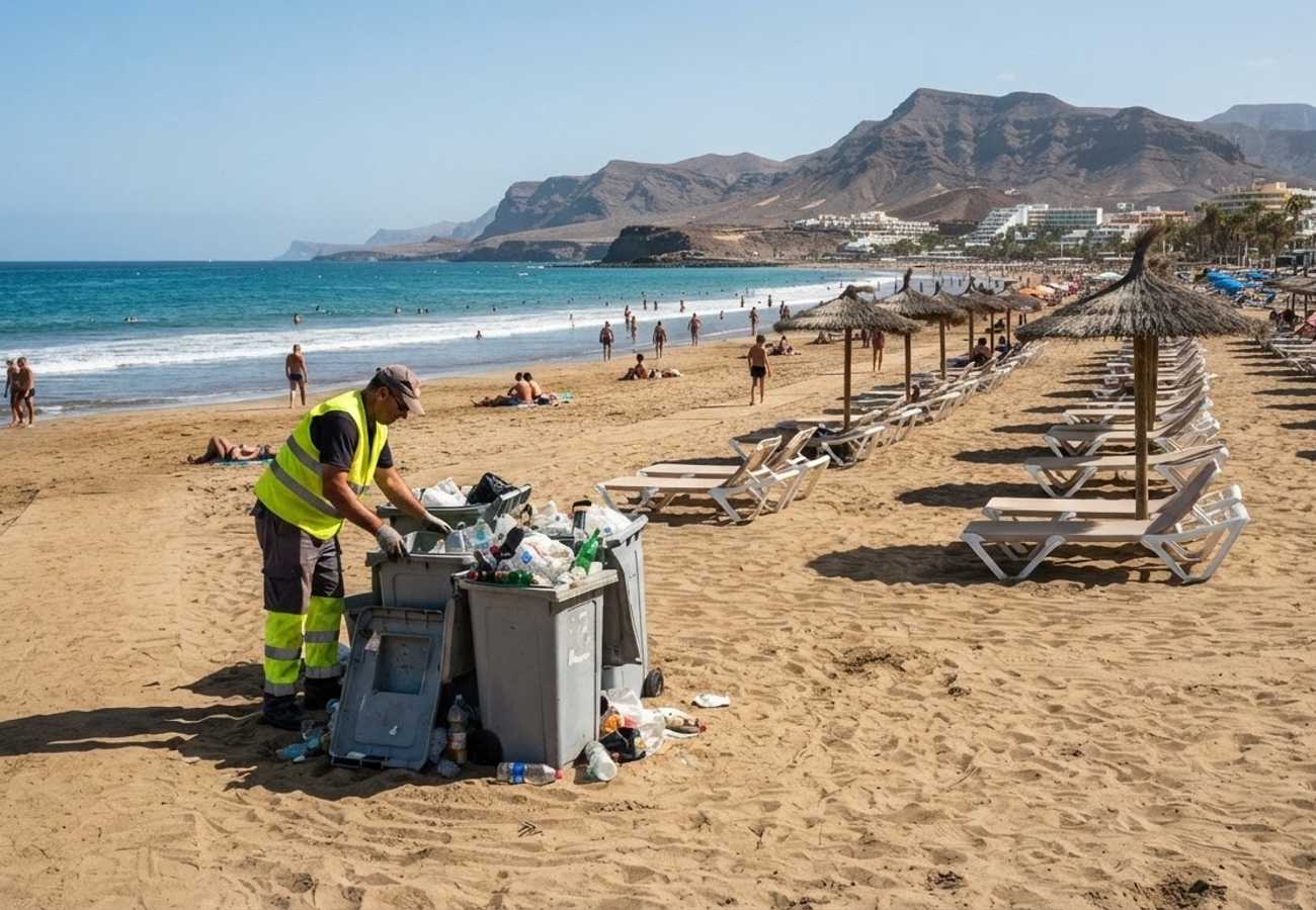 Gran Canaria beach coastline with tourist sunbeds