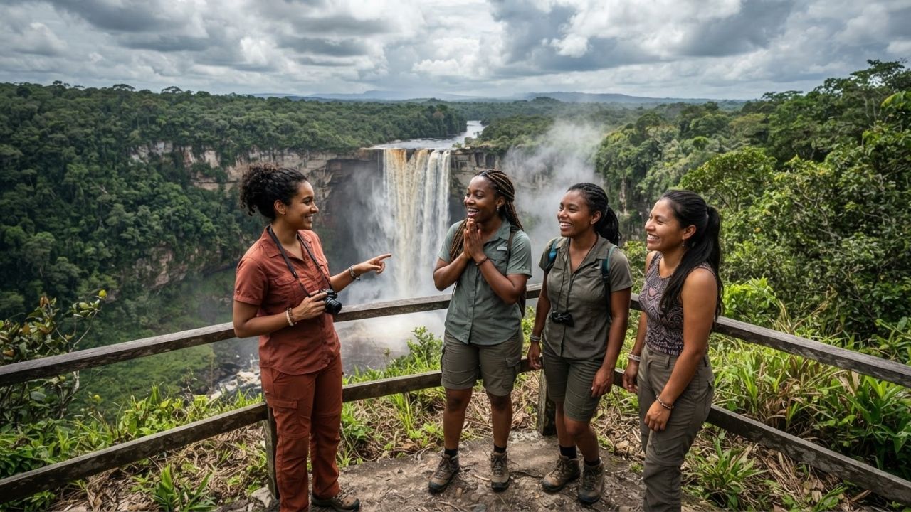 A massive single-drop waterfall plunging over a red sandstone cliff into a deep green rainforest canyon