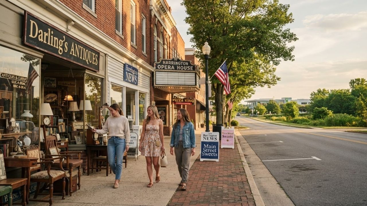 A scenic view of a quiet street in a small historic Delaware town lined with trees.