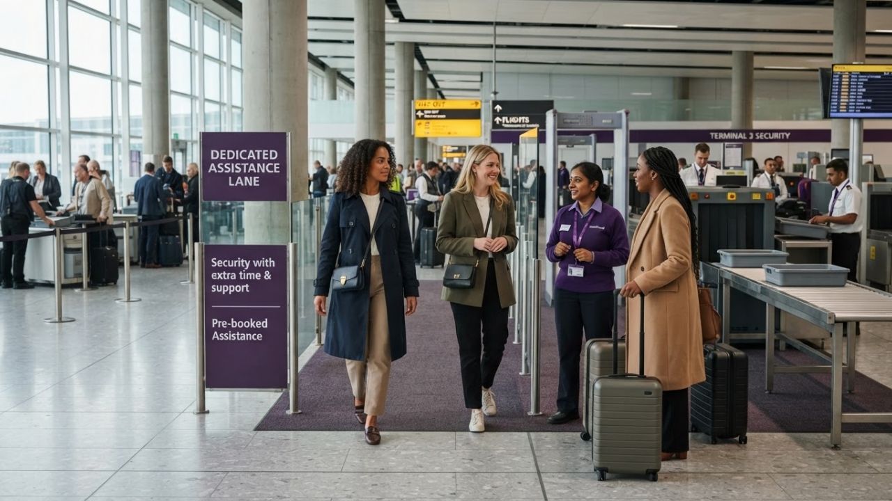 A terminal walkway inside Heathrow Airport with clear signage and flight display screens