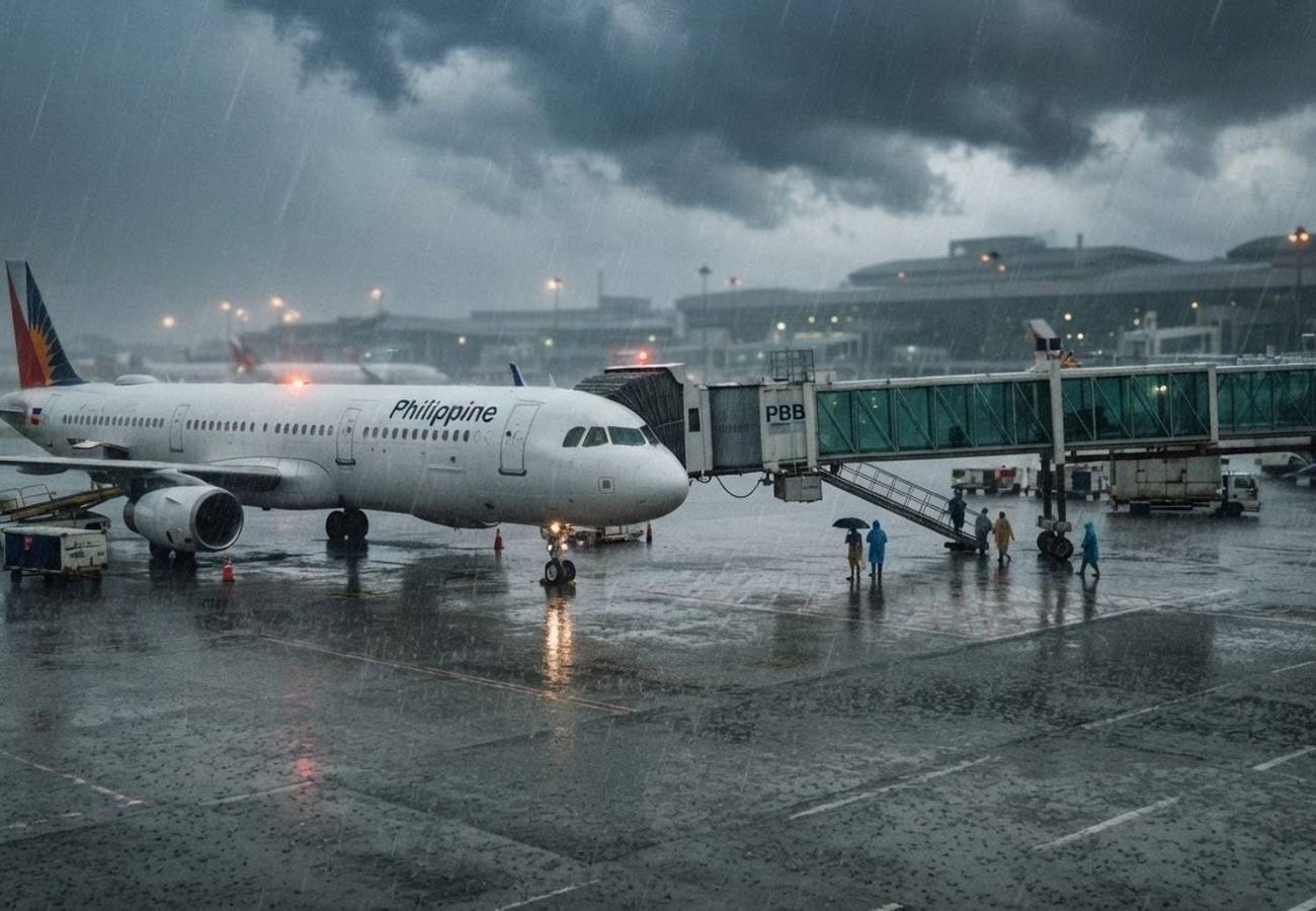 Laoag International Airport terminal during heavy rain