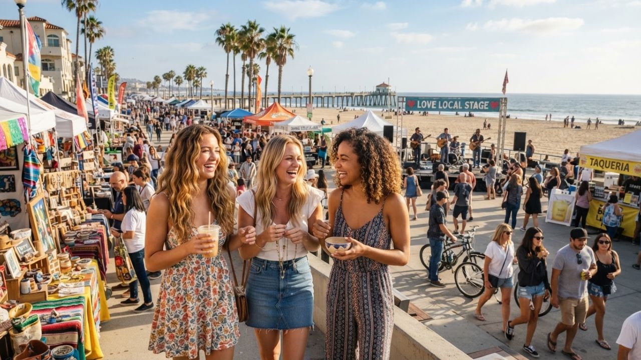 A lively beachside street festival with crowds walking past white tents and palm trees under clear blue skies