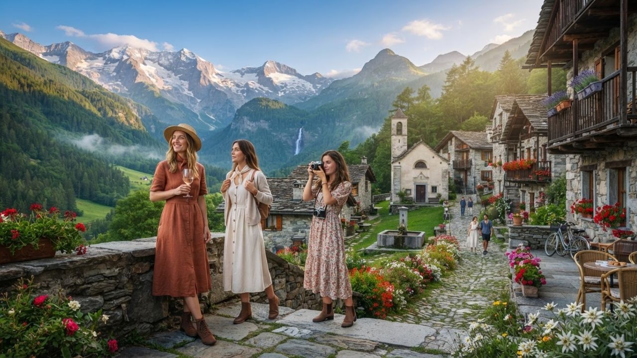 A picturesque stone village nestled on a steep green mountain slope under clear blue skies.