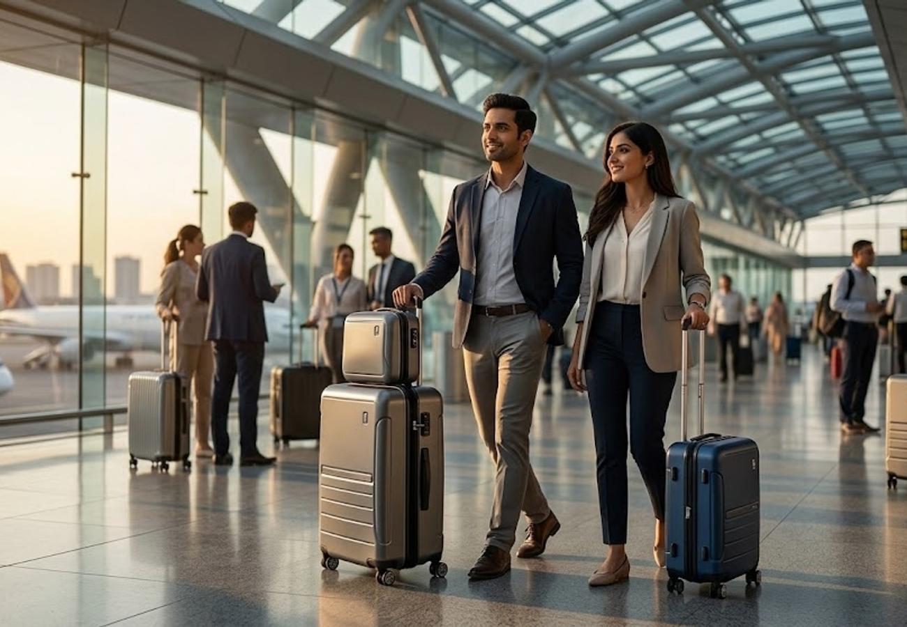 Premium polycarbonate suitcases in a modern Indian airport terminal