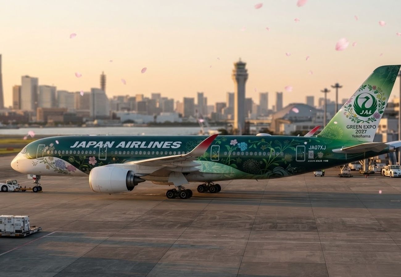 Japan Airlines aircraft featuring GREEN×EXPO 2027 livery