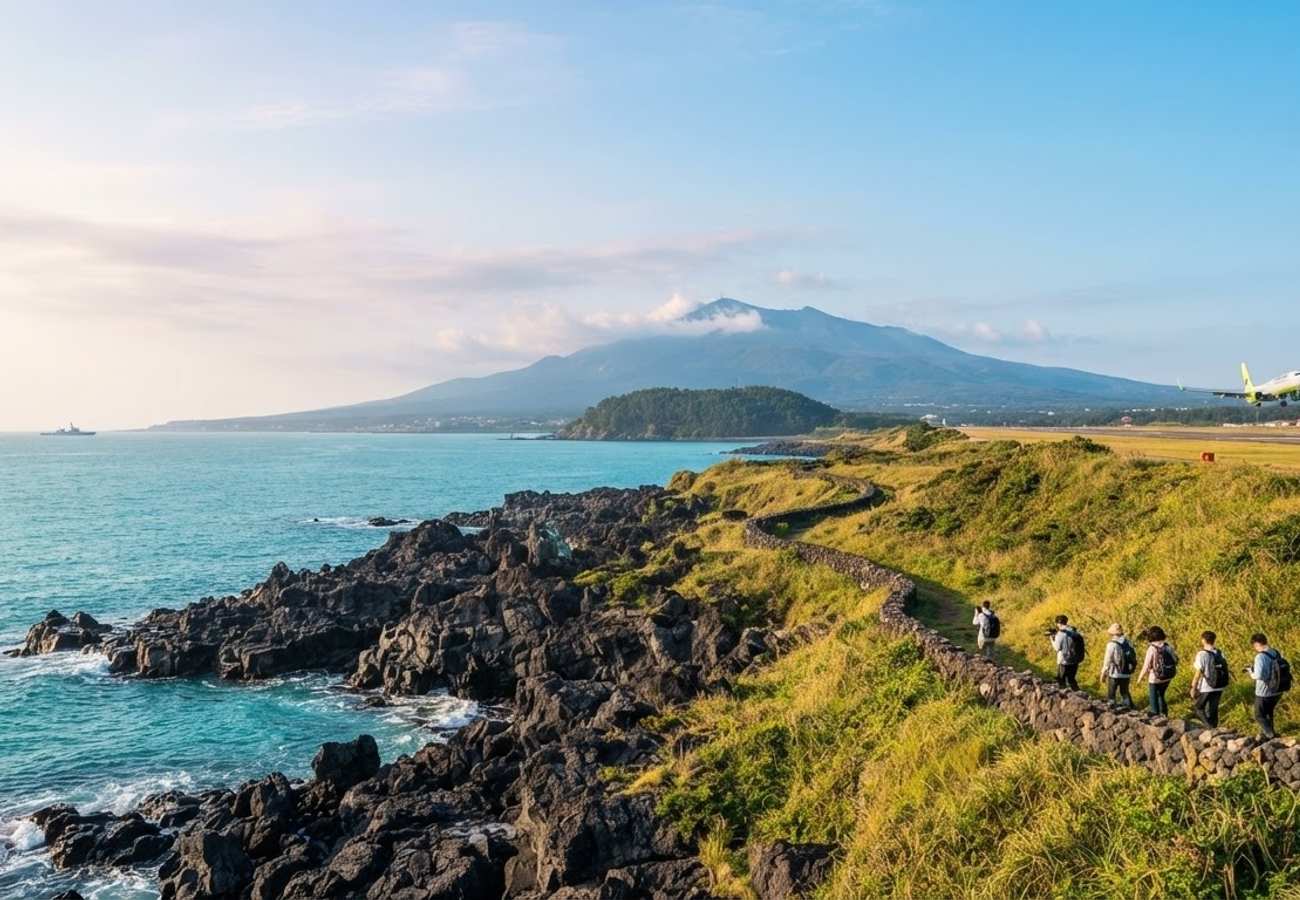 Aerial view of Jeju Island coastlines and volcanic landscapes