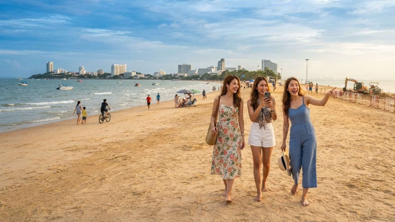 A wide sandy view of Jomtien Beach in Pattaya under a clear blue sky, featuring palm trees and beach chairs.