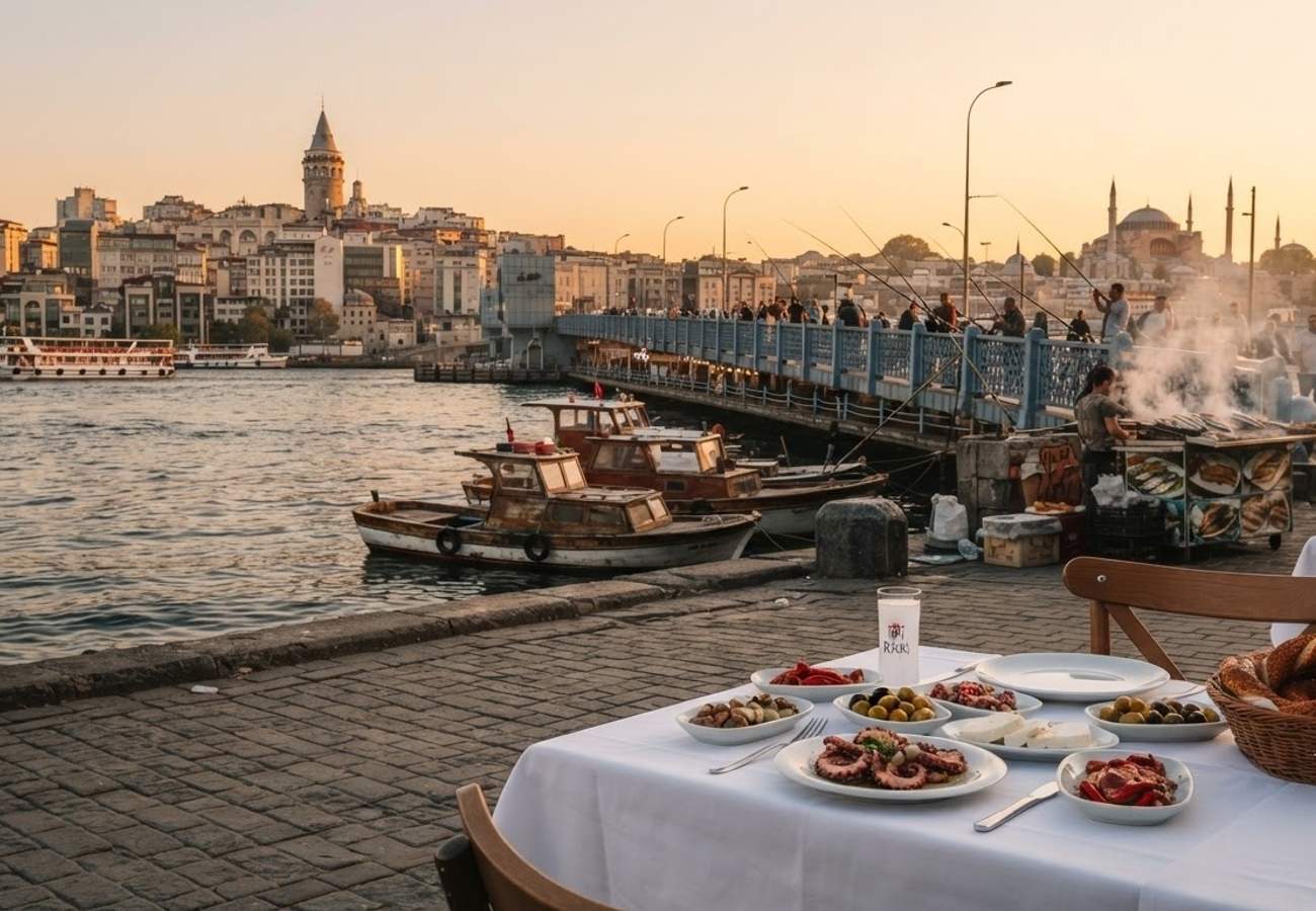 Panoramic view of Karaköy waterfront dining area and Galataport Istanbul