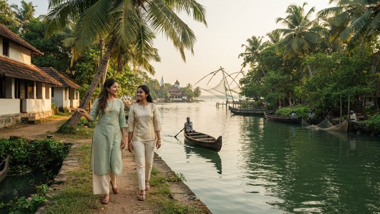 Traditional Chinese fishing nets and coconut palms along serene backwaters of Kumbalangi Island Kochi Kerala