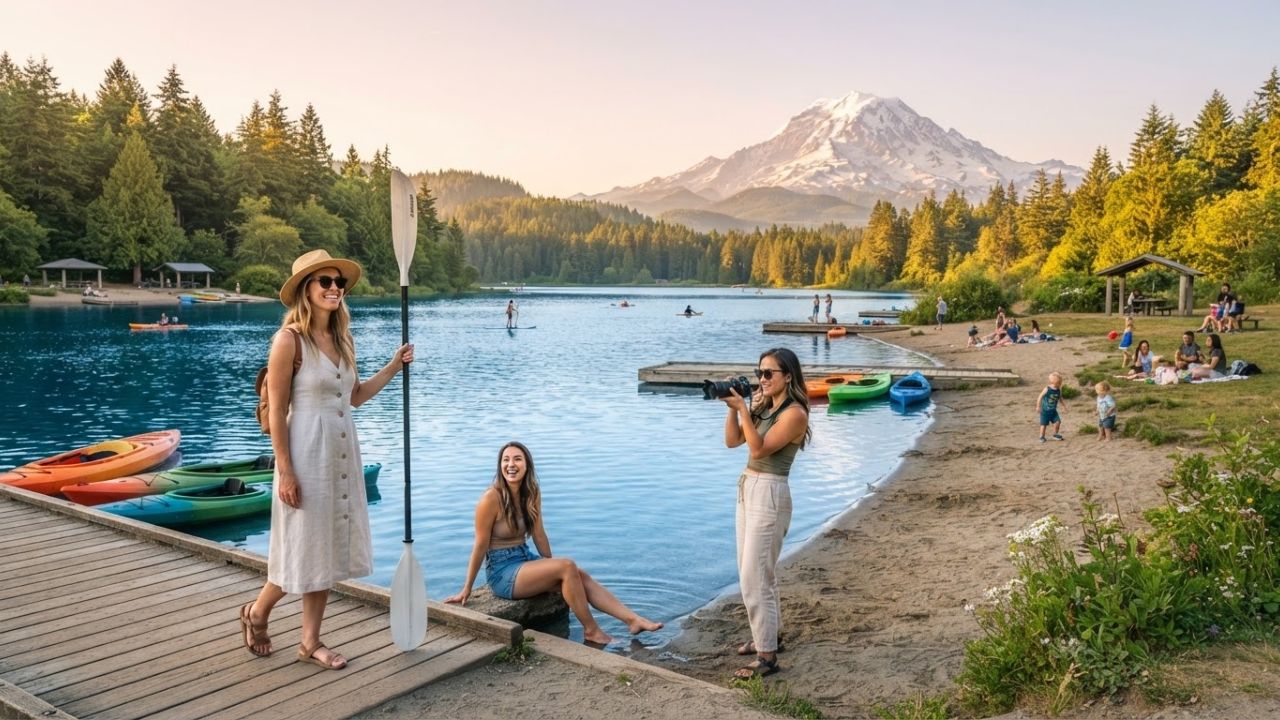 A calm blue glacial lake surrounded by evergreen trees under clear summer skies.