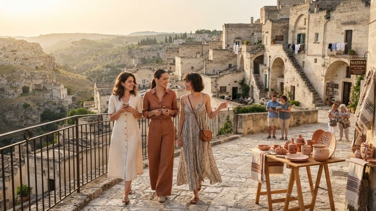 Scenic view of the stone-cut cave houses of Sassi di Matera.
