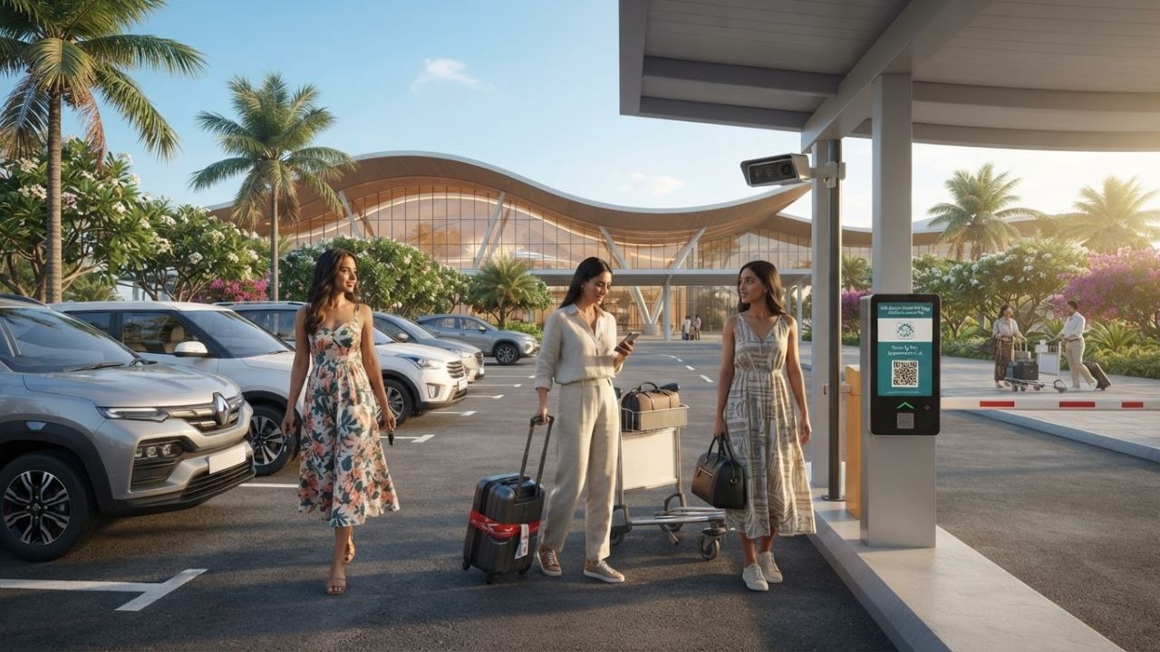 A modern smart parking entrance gate at Sir Seewoosagur Ramgoolam International Airport in Mauritius.