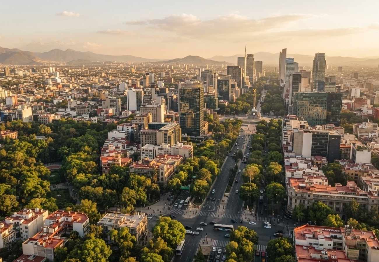 Aerial view of Mexico City International Airport terminals and surrounding traffic