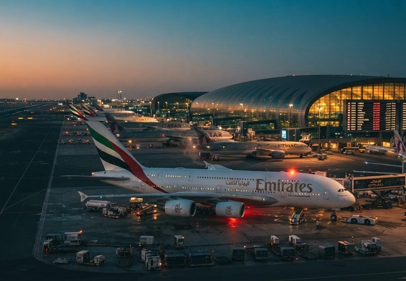 Aerial view of a busy Middle East airport terminal with multiple aircraft at gates