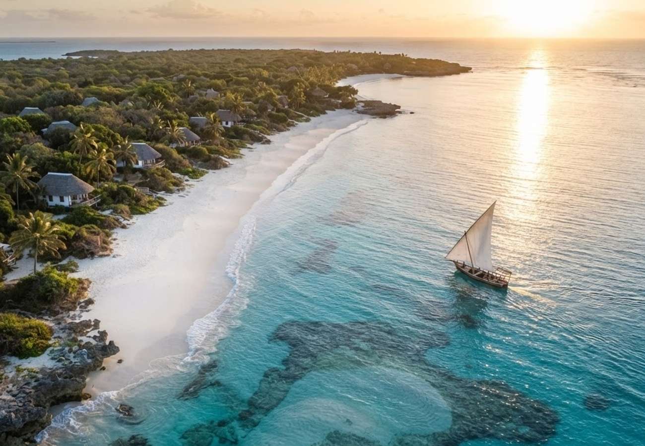 Aerial view of a luxury over-water villa in the Mozambique archipelago