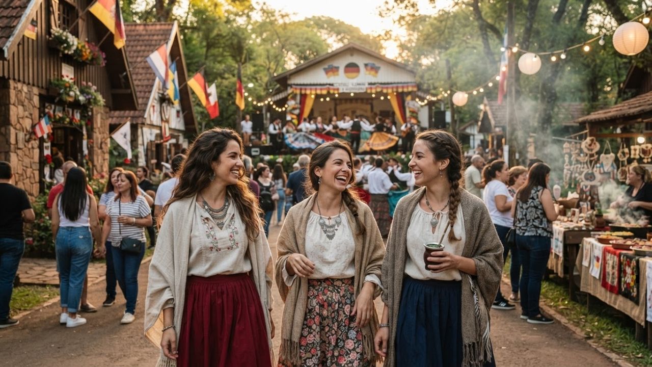 A group of traditional dancers in colorful European folk costumes performing in a public park